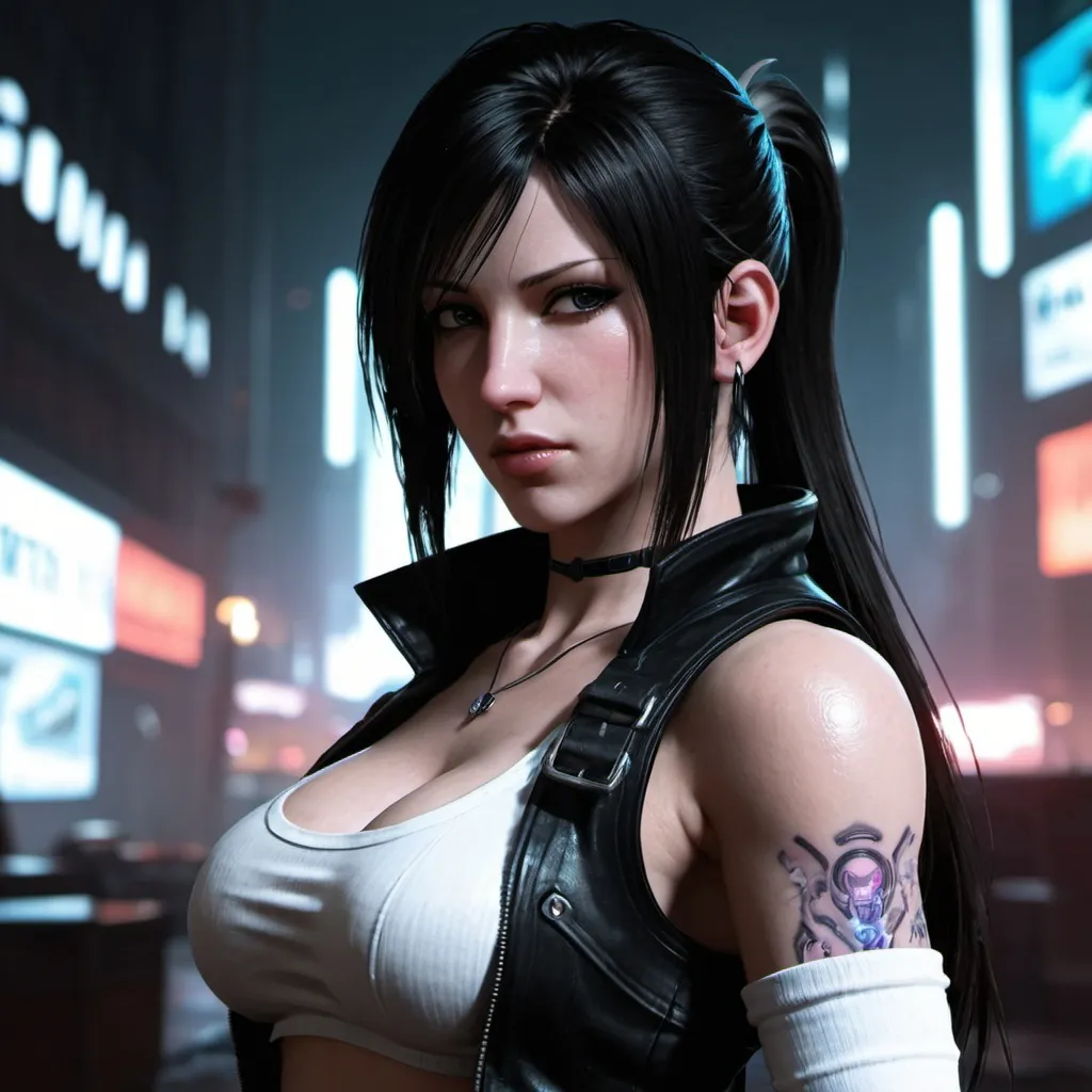 Prompt: well-lit digital artwork of cyberpunk tifa lockhart, final fantasy