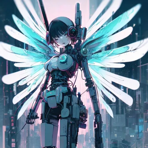 Prompt: ethereal cyberpunk angel, full body view, petite 21 year old anime girl, comic style((tokyo ghost, sean murphy)), vr headset, skeletal form, cute, highly stylized artstyle, messy abstract background, wide view, digital illustration, ultra hd, extreme long shot, telephoto lens, motion blur, wide angle lens, deep depth of field, deep blue color scheme, pastel color scheme