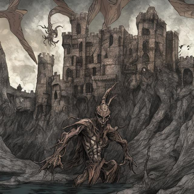 Prompt: digital artwork, fine line, malformed demon, hermit, brown rags, castle background, Elden Ring inspired