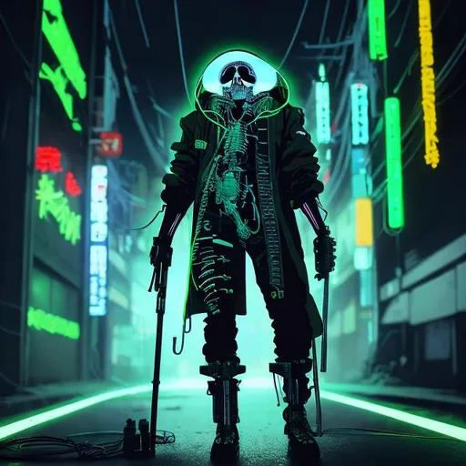 Prompt: illustration of a cyberpunk male grim reaper, full body view, comic style ((tokyo ghost, sean murphy)), skeletal cyborg, technology, wires, cords, green hooded parka, slim, cute, highly stylized artstyle, abstract atmospheric background, wide view, digital illustration, extreme long shot, telephoto lens, cute art style, motion blur, wide angle lens, deep depth of field, pastel color scheme