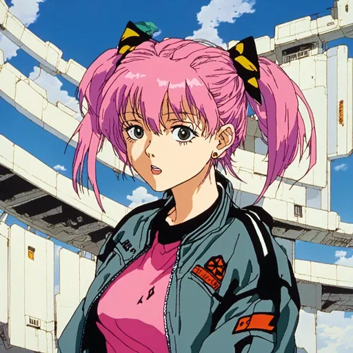 Prompt: young woman, pink hair, oversized bomber jacket<mymodel>