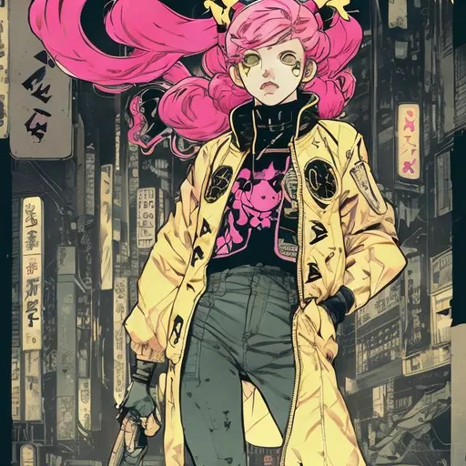 Prompt: illustration of a young woman with pink hair in two pigtails in the style of tokyo ghost, comic style ((tokyo ghost, sean murphy)), yellow bomber jacket, black combat boots, dynamic pose, detailed, stylized