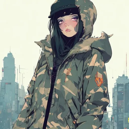 Prompt: cute girl in camoflouge parka, full body view, comic style ((tokyo ghost, sean murphy)), cute, highly stylized artstyle, atmospheric abstract autumn background, wide view, digital illustration, ultra hd, extreme long shot, telephoto lens, cute art style, motion blur, wide angle lens, deep depth of field, deep blue color scheme, pastel color scheme