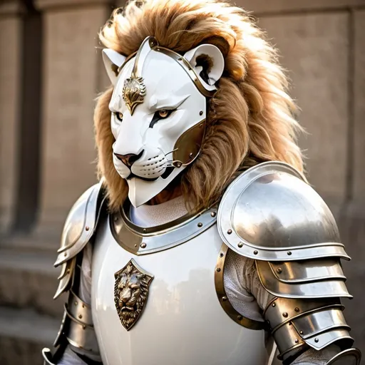 Prompt: knight wearing white suit of armor, lion shaped helmet