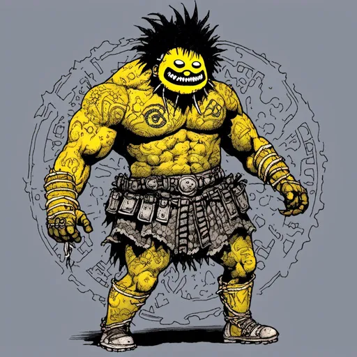 Prompt: full body view, Samoan man wearing a yellow smiley face mask, warrior, tattooed, muscular, big hair, nighttime arena background, in <mymodel> style