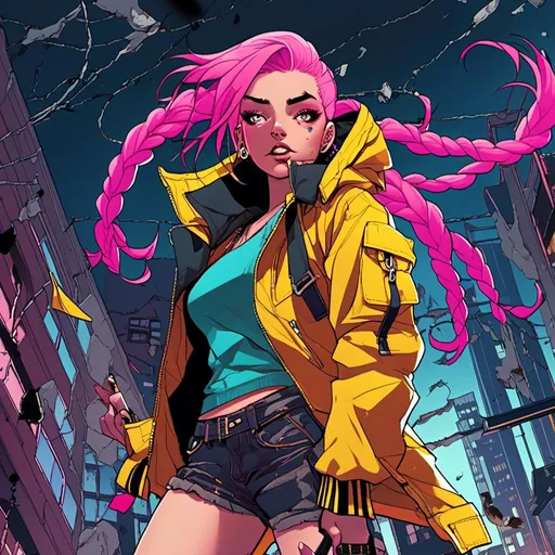 Prompt: <mymodel>High-quality digital art of a fierce girl with pink hair in two braids, oversized yellow bomber jacket, dynamic action pose, vibrant colors, anime, detailed eyes, urban setting