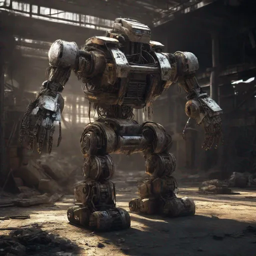 Prompt: Makeshift robot with piecemeal armor, gritty industrial setting, intense and dramatic lighting, high-tech details, post-apocalyptic, detailed circuitry, 3D rendering, dystopian, heavy shadows, high contrast, dramatic atmosphere