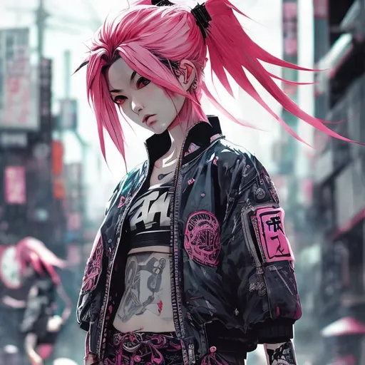 Prompt: Modern samurai woman, pink hair, bomber jacket kimono, cropped shorts, action pose, punk rock, Tokyo setting, highly detailed, best quality, anime, urban, punk, dynamic, detailed clothing, detailed eyes, professional, vibrant colors, atmospheric lighting, intense expression, futuristic cityscape