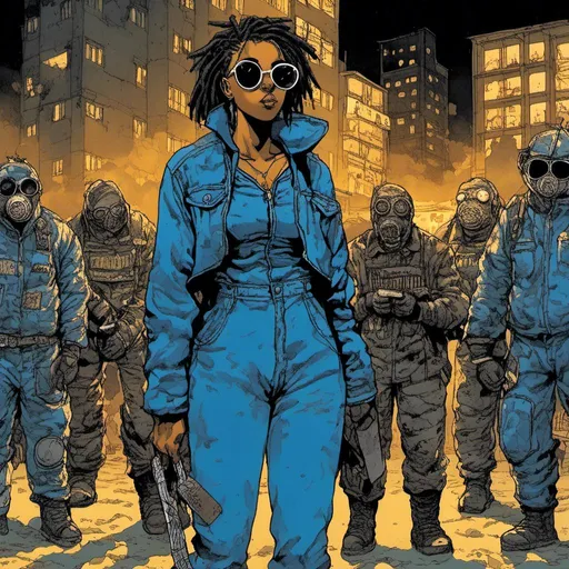 Prompt: young African American woman, wearing a blue jumpsuit, oval shaped sunglasses, tough and imposing, nighttime setting, crowded urban background, in <mymodel> style