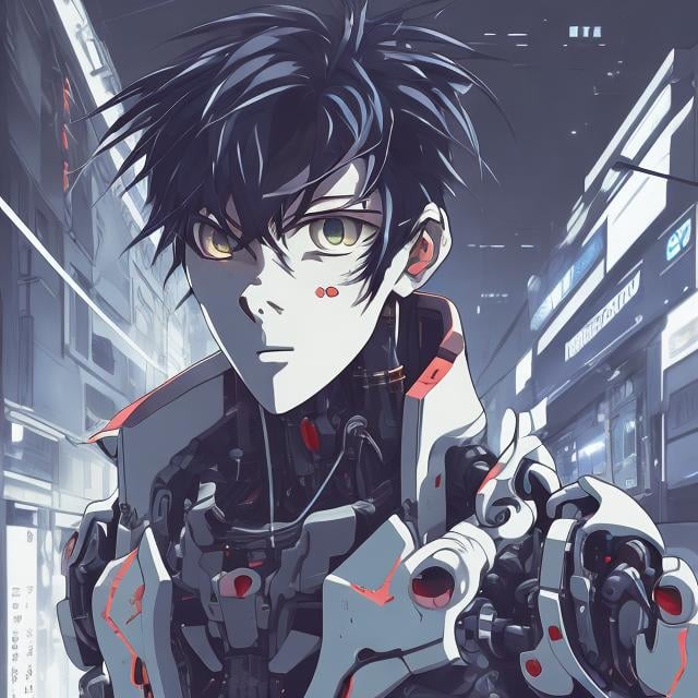Prompt: Cute male cyborg in Evangelion art style, black-blue hair, Tokyo street, highres, detailed, anime, futuristic, cybernetic, urban, cool tones, detailed hair, professional, atmospheric lighting