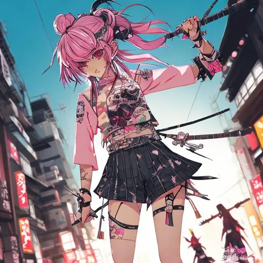 Prompt: Anime illustration of a pink-haired modern samurai girl, kimono, cropped shorts, punk rock, action pose, highly detailed, best quality, tokyo setting