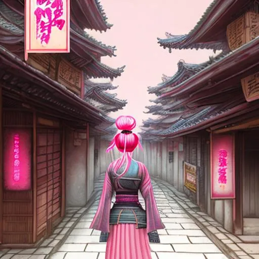 Prompt: a painting of a ronin woman, pink hair, digital art, ancient japanese city streets behind her, symmetric matte painting, detailed, atmospheric lighting, highres