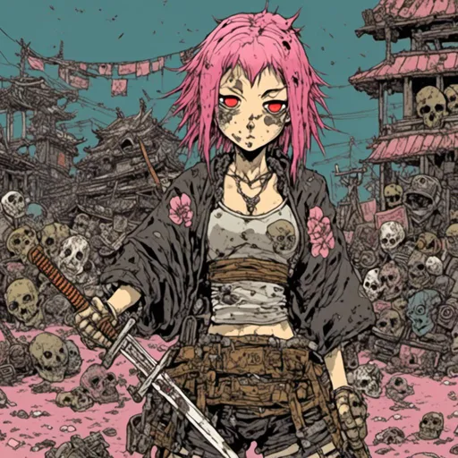 Prompt: Japanese samurai girl, pink hair, bandana face mask, kimono, sword, junkyard background, in <mymodel> style