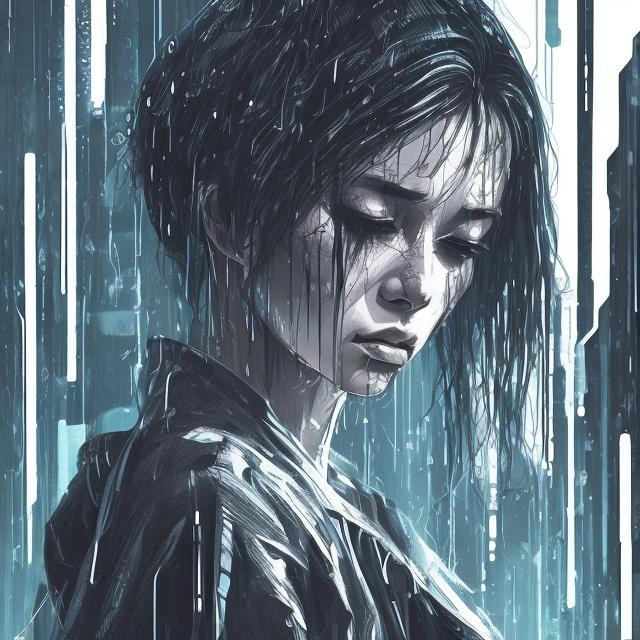 Prompt: sad woman standing in the rain, futuristic fashion, loose sketch art style, cyberpunk aesthetic


