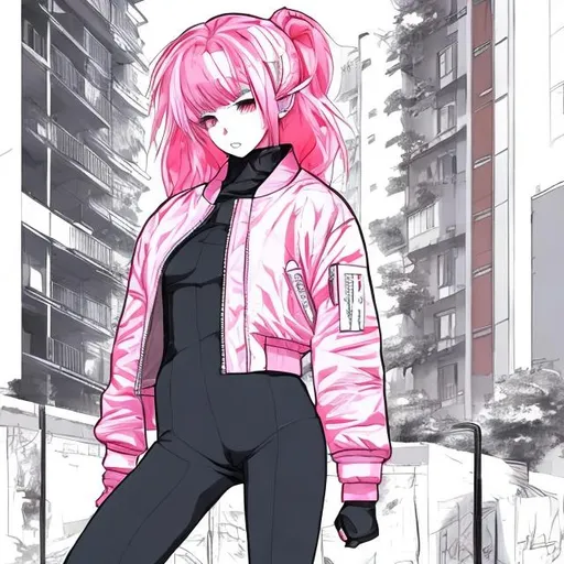 Prompt: manga artstyle, fine line drawing, petite woman, action hero, with pink hair, oversized bomber jacket, bodysuit, cute pose, apartment complex setting