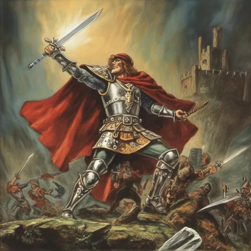 Prompt: <mymodel>Brave valiant hero, wielding a shining sword, armored in silver and gold, epic battle scene, heroic pose, medieval, epic, silver and gold armor, battle scene, valiant expression, atmospheric lighting