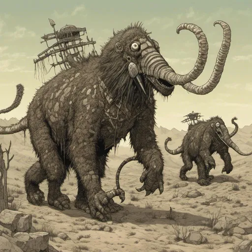 Prompt: lizard-like wooly mammoth creatures, desert setting, in <mymodel> style