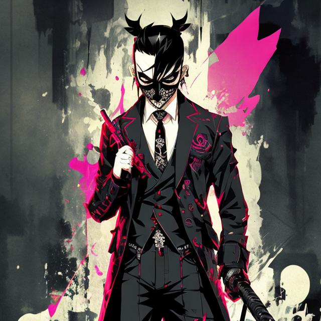 Prompt: goth yakuza boss male, full body view, comic style((tokyo ghost, sean murphy)), mask, suit, cute, highly stylized artstyle, messy abstract background, wide view, digital illustration, ultra hd, extreme long shot, telephoto lens, motion blur, wide angle lens, deep depth of field, deep blue color scheme, pastel color scheme