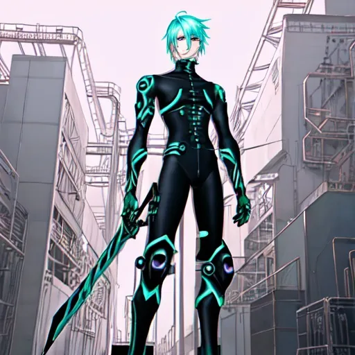 Prompt: anime pastel cyborg goth warrior, male, factory background, fine line 