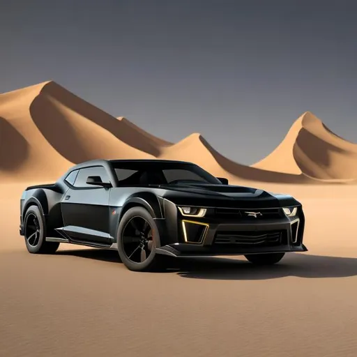 Prompt: Photorealistic desert travel concept of a matte black futuristic car, based on 1984 Camaro ZL1, realistic sand dunes, high-quality rendering, matte black finish, futuristic design, desert setting, detailed car features, professional, realistic lighting, highres, ultra-detailed, futuristic, desert travel, matte black, 1984 Camaro ZL1, realistic sand dunes, detailed car features, professional, atmospheric lighting