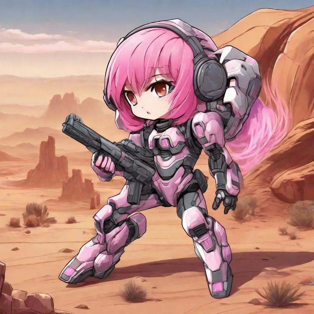 Prompt: chibi manga woman with pink hair, bio-mech suit, action pose, desert setting
