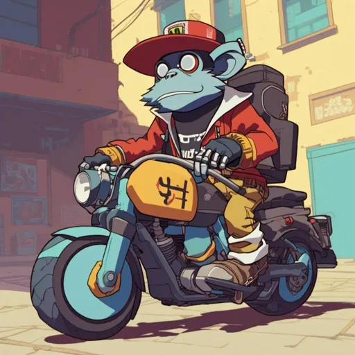 Prompt: monkey-like robot desperado, streetwear clothes, cowboy hat, riding a motorcycle <mymodel> 