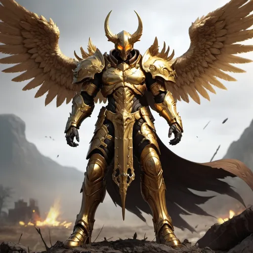 Prompt: Angelic hellspawn hunter with golden armor, badass, battlefield setting