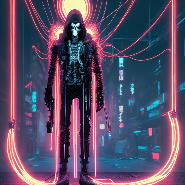 Prompt: illustration of a cyberpunk male grim reaper, full body view, comic style ((tokyo ghost, sean murphy)), skeletal cyborg, technology, wires, cords, hooded, slim, cute, highly stylized artstyle, abstract atmospheric background, wide view, digital illustration, extreme long shot, telephoto lens, cute art style, motion blur, wide angle lens, deep depth of field, pastel color scheme