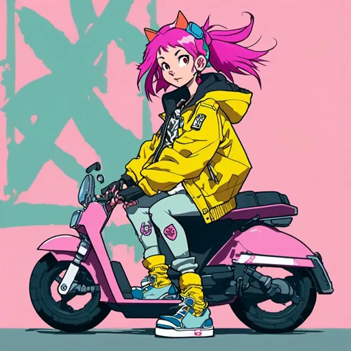 Prompt: girl with pink hair, oversized yellow bomber jacket, standing next to a moped <mymodel> 