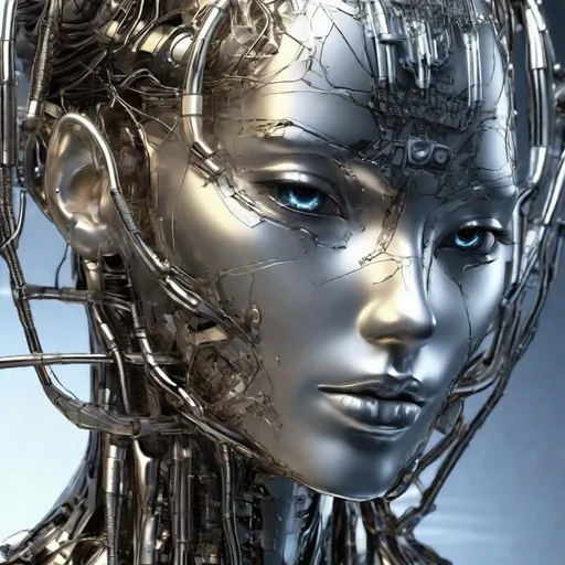 Prompt: liquid metal anime AI worldmind, beautiful face, technological implants, advanced technology, grid, wires, circuits