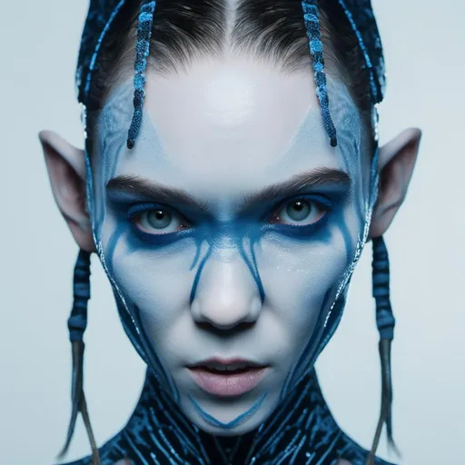Prompt: <mymodel>Blue-skinned alien, detailed facial features, 3D rendering, futuristic sci-fi theme, glowing bioluminescent details, intense and mysterious gaze, highres, 4k, ultra-detailed, sci-fi, futuristic, alien, bioluminescent, detailed facial features, professional, atmospheric lighting, intense gaze, 3D rendering, cool tones
