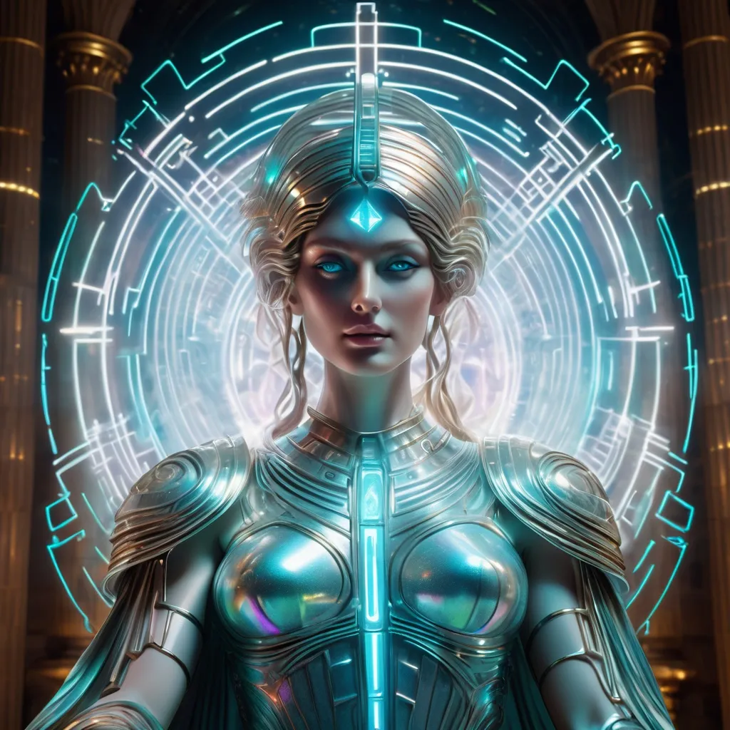 Prompt: aetherel, holographic projection of the Roman goddess Minerva, futuristic, luminescent, cyber-temple setting, fine line