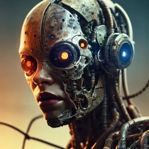 Prompt: a picture of cyborg female, destroyed, rust, mechanical, wires, photography, detailed skin, realistic, photo-realistic, 8k, highly detailed, full length frame, High detail RAW color art, diffused soft lighting, shallow depth of field, sharp focus, hyperrealism, cinematic lighting