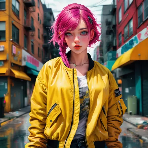 Prompt: cute girl, pink hair with two braids, oversized yellow bomber jacket, detailed illustration, intense colors, urban setting, digital art, high contrast, gritty urban, professional artwork