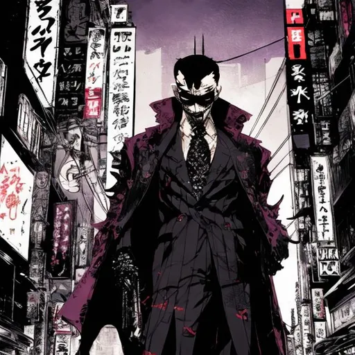 Prompt: goth yakuza boss, comic style ((tokyo ghost, sean murphy)), wearing mask, suit and tie, dynamic pose, detailed, Tokyo background, professional, highly stylized, detailed eyes, city lights, dynamic lighting, vibrant colors