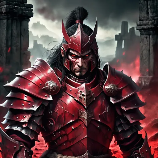 Prompt: Evil ancient warrior in crimson armor, battle-worn and intimidating, high quality, detailed, dark fantasy, sinister atmosphere, blood-red tones, eerie lighting, menacing presence, ancient ruins in the background, powerful and commanding, fierce expression, weathered armor, eerie atmosphere