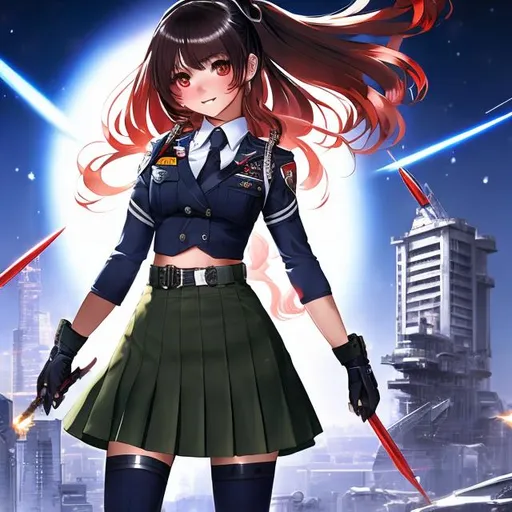 Prompt: full view, full body view, Futuristic military schoolgirl in dynamic pose, best quality, highres, dynamic, futuristic, military schoolgirl, wearing skirt, detailed design, intense look, professional, futuristic setting, dramatic lighting