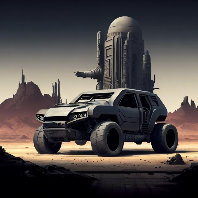 Prompt: illustration of a Matte black tank muscle car hybrid with solar panels and spray painted skull, desert landscape, domed city, highres, detailed, stylized artwork, futuristic, sci-fi, dystopian, desert tones, intense lighting, professional rendering