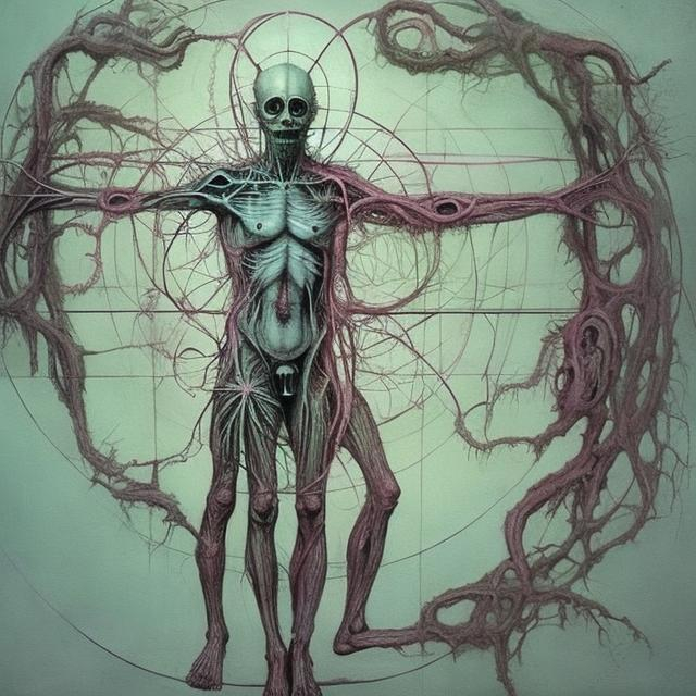 Prompt: painting, atmospheric, pastel color scheme, lovecraftian body horror, Vitruvian Man, nightmare fuel