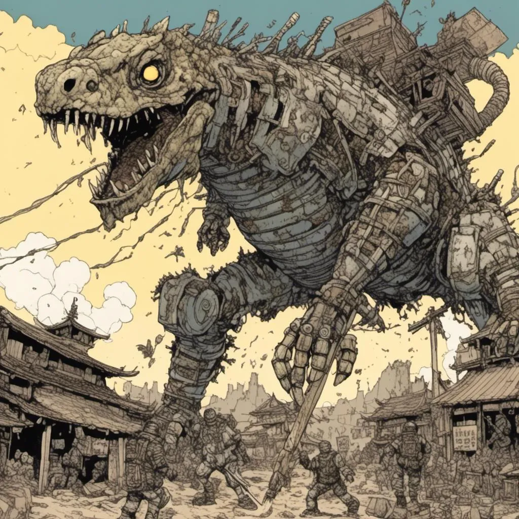 Prompt: gigantic robotic lizard attacking japanese village, desert setting, in <mymodel> style