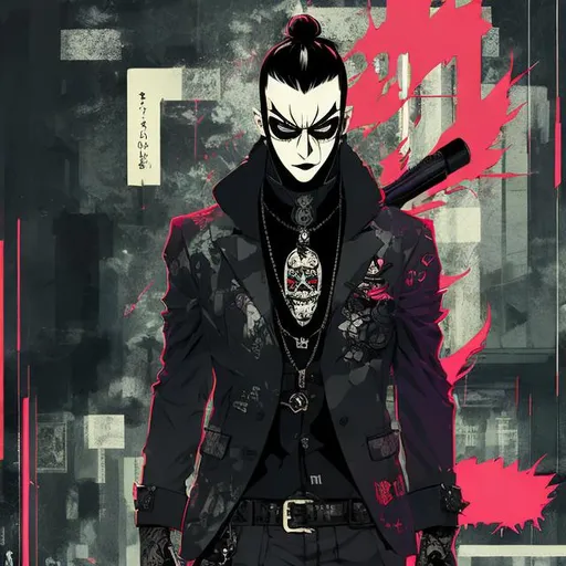 Prompt: goth yakuza boss male, full body view, comic style((tokyo ghost, sean murphy)), mask, suit, cute, highly stylized artstyle, messy abstract background, wide view, digital illustration, ultra hd, extreme long shot, telephoto lens, motion blur, wide angle lens, deep depth of field, deep blue color scheme, pastel color scheme