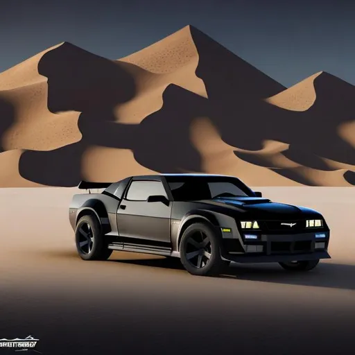 Prompt: Photorealistic desert travel concept of a matte black futuristic car, based on 1984 Camaro ZL1, realistic sand dunes, high-quality rendering, matte black finish, futuristic design, desert setting, detailed car features, professional, realistic lighting, highres, ultra-detailed, futuristic, desert travel, matte black, 1984 Camaro ZL1, realistic sand dunes, detailed car features, professional, atmospheric lighting