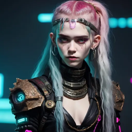 Prompt: grimes as a cyberpunk elden ring character, ethereal