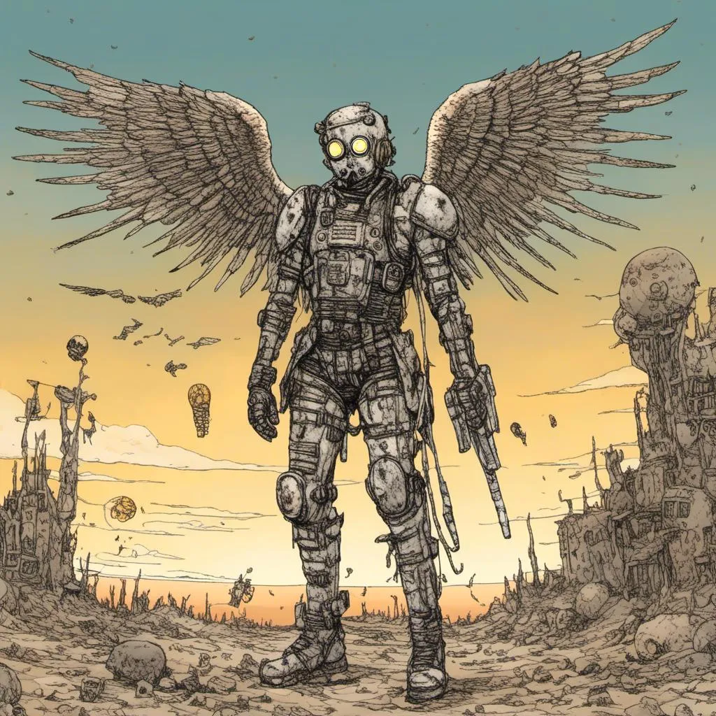Prompt: floating cyborg angel, desert wasteland setting, large sun background, in <mymodel> style