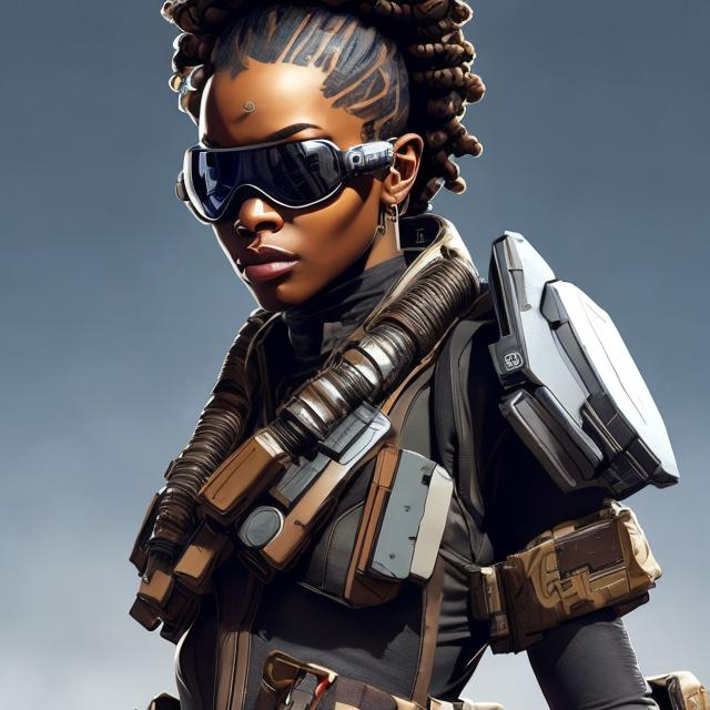 Prompt: full view, full body view, sleek brown-skinned woman, Apex Legends character, stylish shades, ammo belt, high quality, ultra-detailed, professional, cool tones, futuristic, intense lighting, detailed facial features, futuristic fashion, cool looking, standing in futuristic stadium