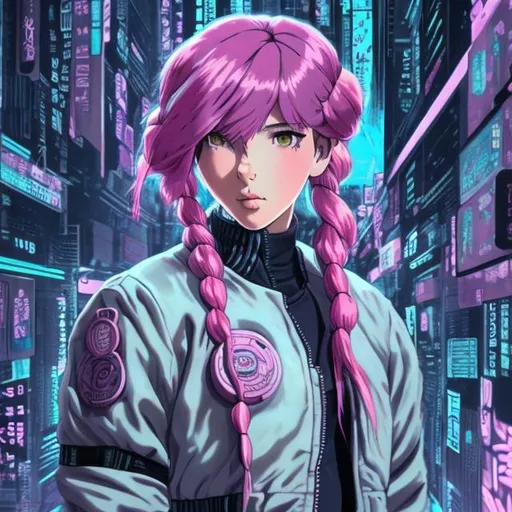 Prompt: ghost in the shell inspired, anime girl, pink hair, braids, bomber jacket
