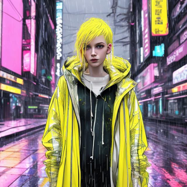 Prompt: woman in clear yellow anorak with pink hair standing in the rain, loose sketch, cyberpunk aesthetic


