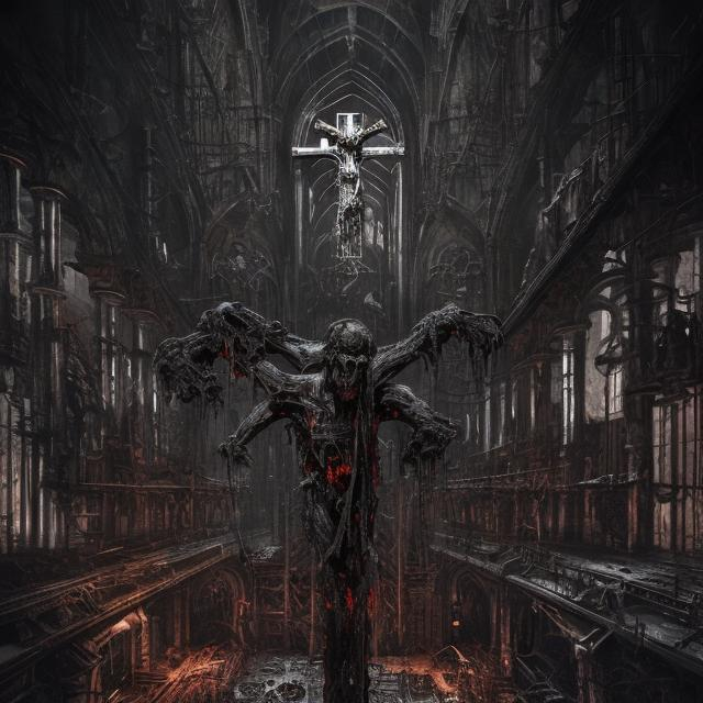 Prompt: sprawling demonic industrial cathedral, gruesome macabre crucifix, dystopic military setting, highres, ultra-detailed, macabre, horror, demonic, industrial, dystopic, military, detailed architecture, eerie atmosphere, haunting lighting