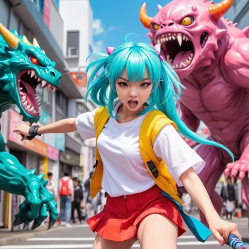Prompt: Anime cartoon style, bright colors, Harajuku girl fighting monster, action scene
