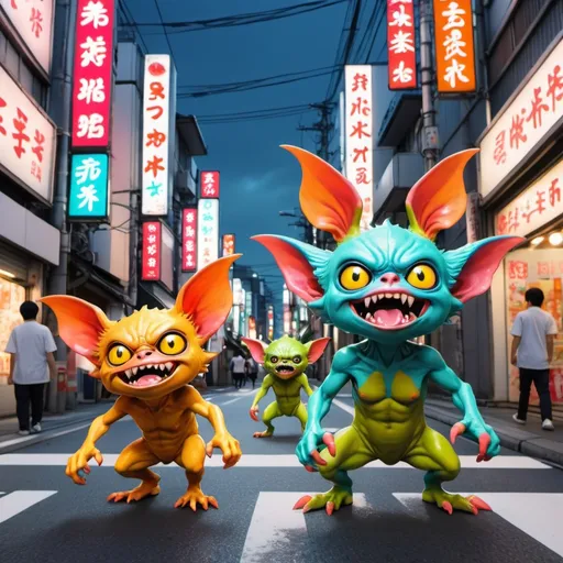 Prompt: Anime cartoon style, bright colors, gremlin creatures terrorizing a tokyo street, action scene